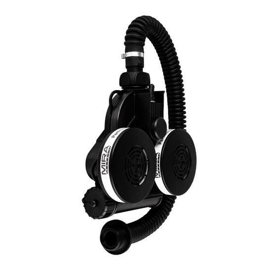 MIRA Safety powered air purify respirator (PAPR) three quarter view with hose and filters 
