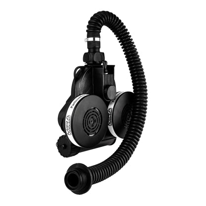 MIRA Safety powered air purify respirator (PAPR) three quarter view with 40mm gas mask hose and filters 