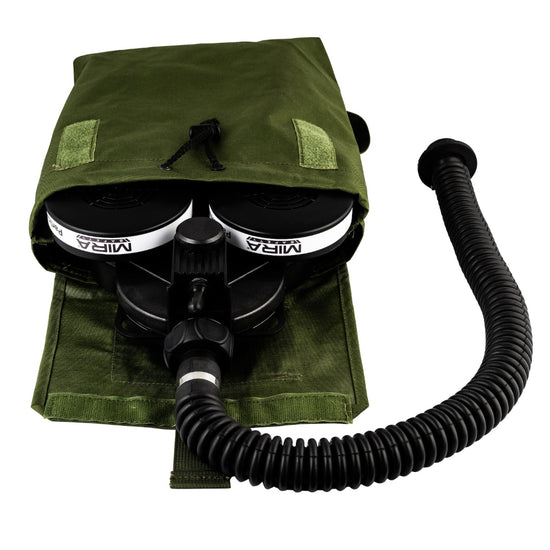 MIRA Safety powered air purify respirator (PAPR) inside of pouch, top view